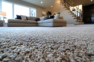 A professional cleaner using a modern steam cleaning machine on a gray carpet in a stylish home, showcasing expertise and efficiency