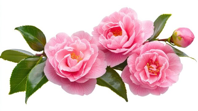 A detailed photograph of a bunch of pink camellia flowers with glossy leaves, isolated white background, expressive art style