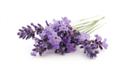 A detailed photograph of a cluster of lavender blooms with delicate purple petals, isolated white background, naturalistic art style