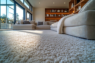 A professional cleaner using a modern steam cleaning machine on a gray carpet in a stylish home, showcasing expertise and efficiency