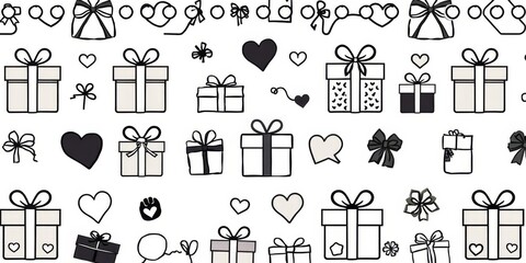 Various outline art gift boxes of different shapes with seamless border pattern isolated on white background, shapes, outline, day gifts