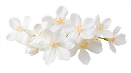 Obraz premium A detailed photograph of a cluster of white jasmine flowers with delicate petals, isolated white background, naturalistic art style
