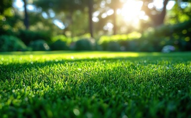 Naklejka premium Lush Green Grass on a Bright Sunny Day in a Serene Garden with Soft Sunlight Filtering Through the Trees Creating a Peaceful Outdoor Atmosphere
