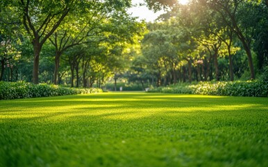 Fototapeta premium Lush Green Lawn Surrounded by Trees and Soft Sunlight in a Serene Park Setting, Perfect for Natural Landscapes and Outdoor Activities