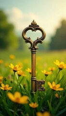 Antique golden key on sunlit grassy field, wildflowers , exploration, natural, shadow