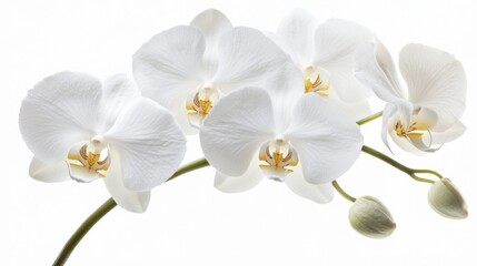 A detailed photograph of a cluster of white orchid flowers with intricate patterns, isolated white background, naturalistic art style