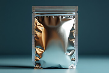 A sleek foil stand-up pouch mockup with metallic texture, front view, and clipping path included, emphasizing luxury and premium packaging