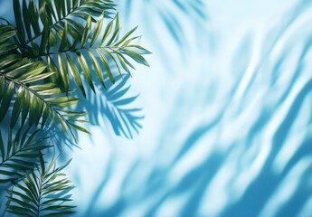 Lush Green Tropical Leaves Casting Shadows on a Soft Blue Background for Artistic and Relaxing Interior Decor Themes in Stock Photography
