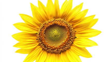 A detailed shot of a blooming sunflower with its golden petals and dark brown center, isolated white background, minimalistic art style