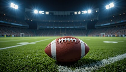 American football on a green field under stadium lights, ready for a game or practice