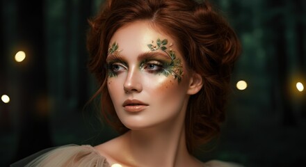Fototapeta premium Enchanting forest muse with green makeup and red hair in mystical wooded setting