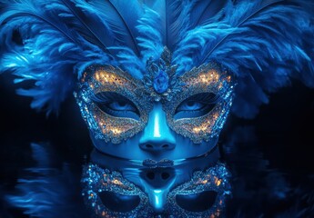 Obraz premium Mysterious Blue Mask with Feathers Glowing Underwater Reflected in Dark Surface, Evoking Elegance and Intrigue in a Festive Atmosphere