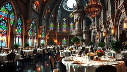 Elegant Castle Banquet Hall with Stained Glass Windows