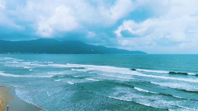 Beach sand ocean waves peace palm trees drone view. Paradise island dream trip.