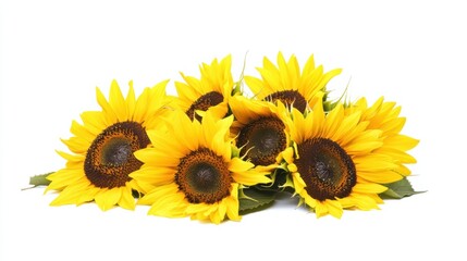 Obraz premium A detailed shot of a cluster of yellow sunflowers with their bold petals and dark centers, isolated white background, artistic composition