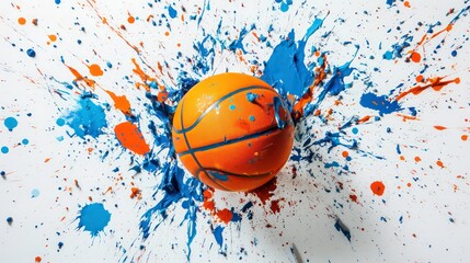 Basketball exploding in blue and orange paint splatters on white background.