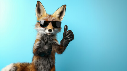 Fox in sunglasses and gloves showing thumb up isolated on blue background