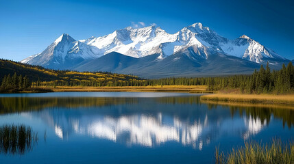 Naklejka premium Adventure travel to the Rocky Mountains in Alberta, Canada with dramatic peaks and a serene alpine lake