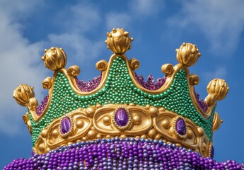 Fototapeta premium Ornate Golden Crown Adorned with Green, Purple, and Lavender Beads Glimmering Under Sunlight Against a Bright Blue Sky Background
