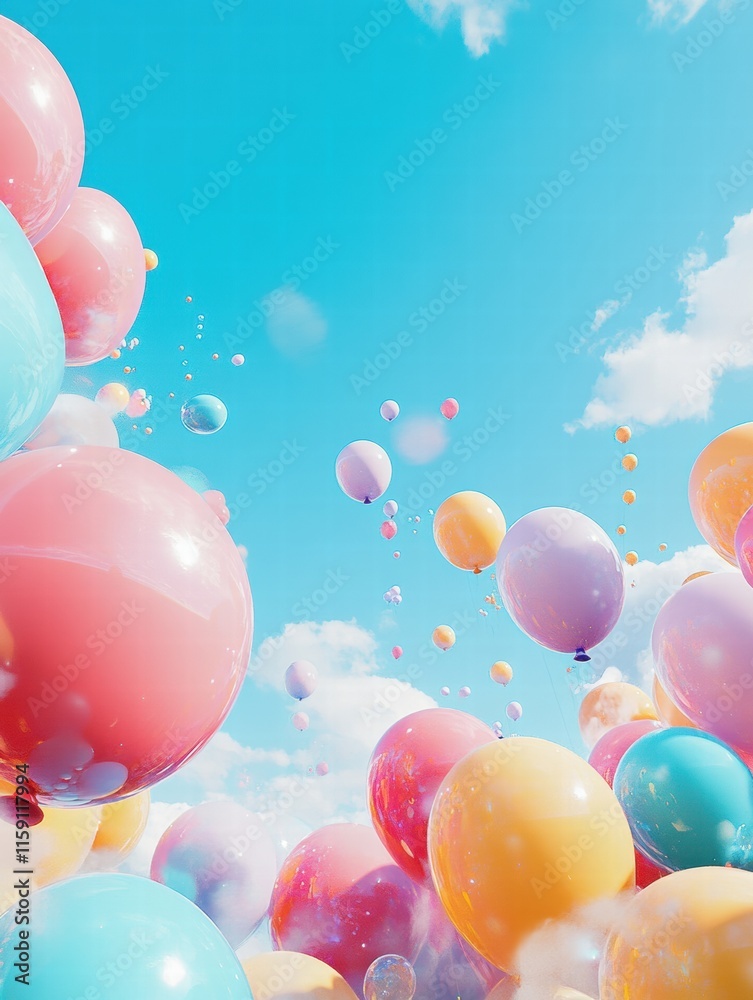 Aufkleber colorful cluster of balloons floating in a bright blue sky on a sunny day in a joyful celebration at