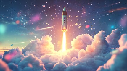 Fototapeta premium Rocket Launching Through Colorful Clouds Into Space