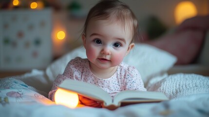 Sweet Baby with Sparkling Eyes Holding Book in Cozy Nursery with Soft Lighting, Creating a Heartwarming and Joyful Atmosphere for Late Night Reading