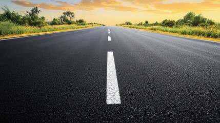 Fototapeta premium Serene Empty Road Under Colorful Sunset Sky in Open Landscape