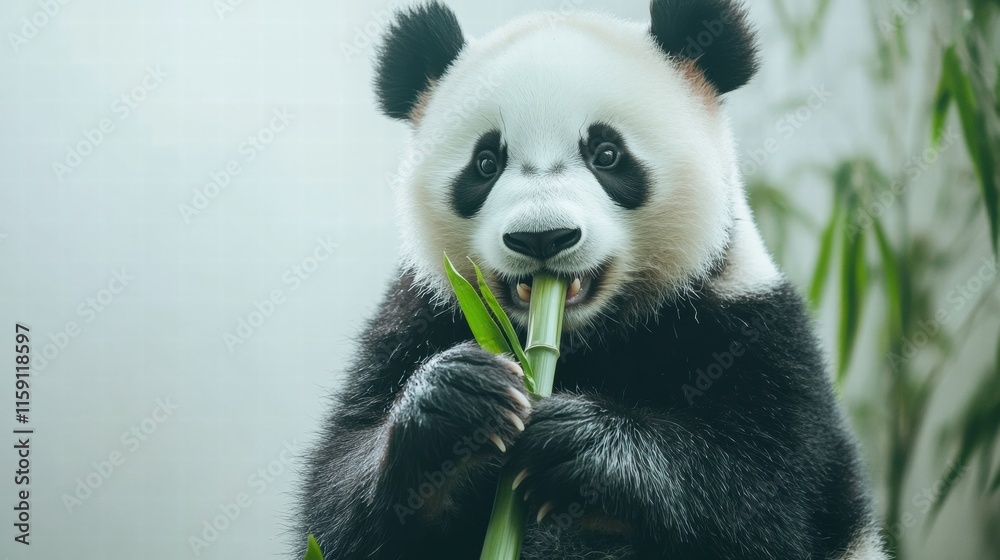 Fototapete Panda happily munching on bamboo with a calm backdrop and ample space for text. Generative AI