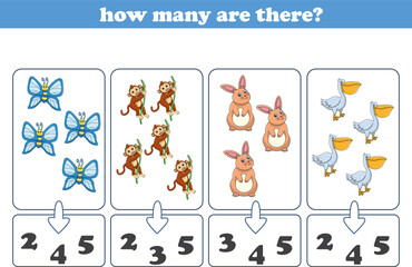 Fototapeta premium Counting game of wild animals for preschool kids. Printable. Vector Illustration