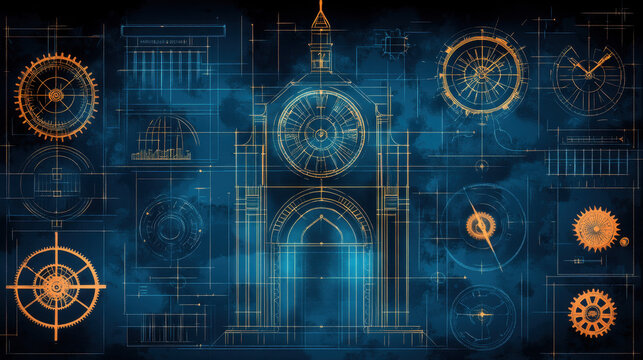 blueprint hand-drawn illustration, A detailed blueprint illustration of a clock tower featuring intricate gears, showcasing architectural design and technical drawing elements.