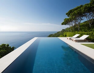 Fototapeta premium Infinity Pool Overlooking Ocean View With Lounge Chairs