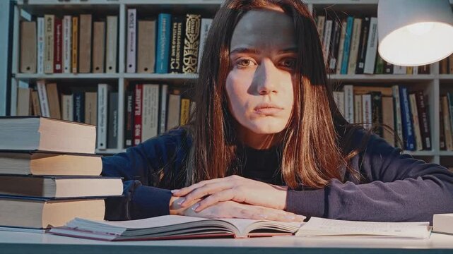 Portrait of a young female student sitting discouraged at a desk full of books and struggling with his studies, looking upset at the camera under the light of a table lamp.