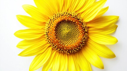A detailed shot of a yellow sunflower with its intricate center and bright petals, isolated white background, minimalistic art style