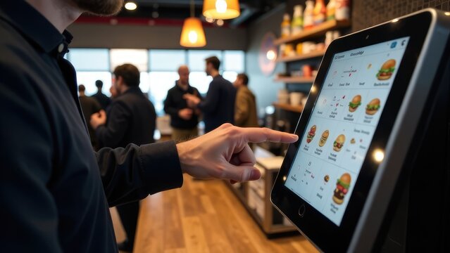 A person is using a touch screen kiosk to order food in a restaurant. Concept of self-service ordering.