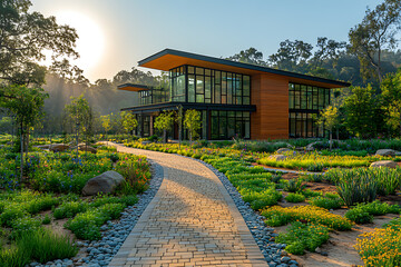 Fototapeta premium A stunning final shot of a completed eco-friendly building under a radiant sun, showcasing sustainable architecture, modern design, and a harmonious connection with nature