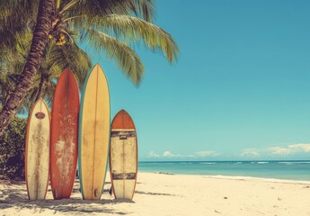 Scenic Beach with Vintage Surfboards Under Palm Trees on a Sunny Day Capturing the Essence of Coastal Living and Surfer Culture in Paradise