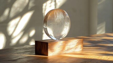 Obraz premium Clear glass disc on wooden base, sunlight.