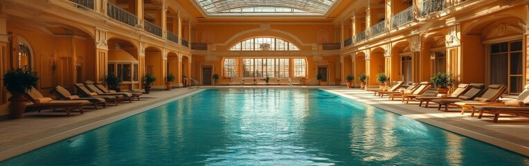 Obraz premium Luxurious Indoor Swimming Pool Area with Lounge Chairs and Elegant Lighting