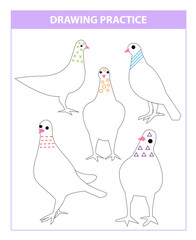 Repeat the drawing and fill in the pigeon game. Coloring page for kids.