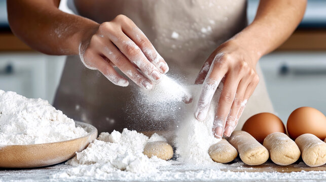 A woman's hands expertly kneading dough on a countertop, surrounded by flour and baking essential - Powered by Adobe