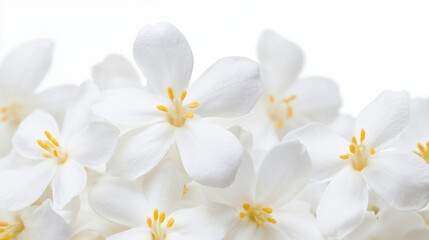 Obraz premium A detailed shot of delicate jasmine blossoms with their ivory-white petals and tiny yellow centers, isolated white background, minimalistic art style