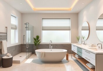 Modern bathroom interior with freestanding tub and separate shower area