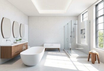 Fototapeta premium Modern bathroom interior with freestanding tub and walk-in shower