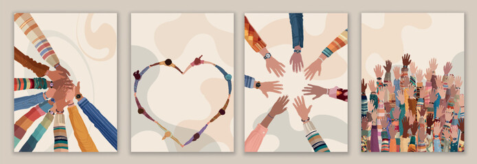 Volunteer people group concept magazine flyer booklet editable template. Raised hand. Multicultural people holding hands