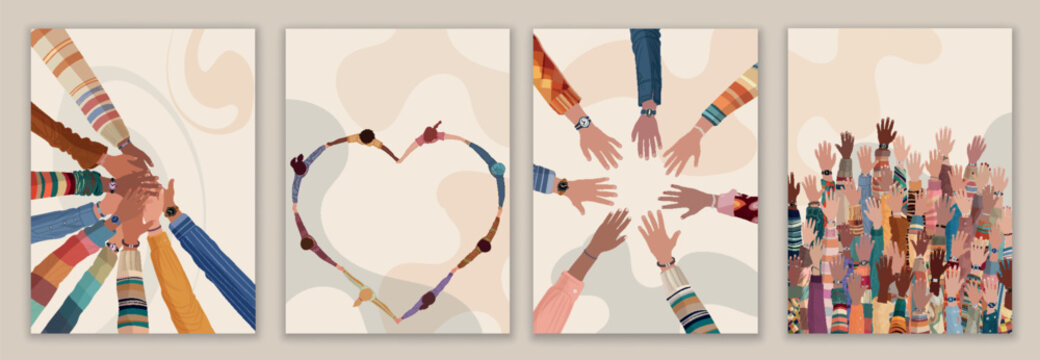 Volunteer people group concept magazine flyer booklet editable template. Raised hand. Multicultural people holding hands