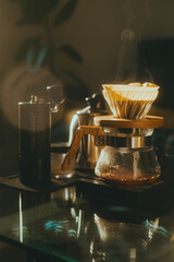 Alternative coffee brewing method, filter coffee, using pour over dripper v60 and paper filter.	