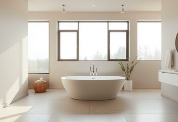 Modern bathroom with freestanding tub and large windows