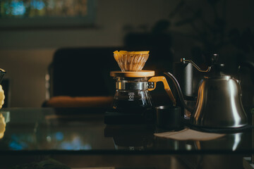 Alternative coffee brewing method, filter coffee, using pour over dripper v60 and paper filter.	