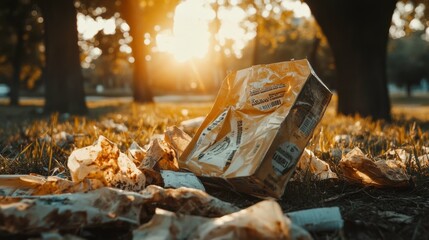 Discarded Food Packaging in a Park at Sunset