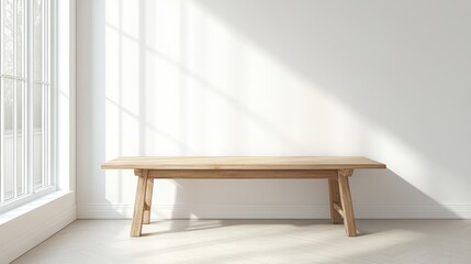 Minimalistic Wooden Bench in Bright Sunlit Room with Shadows